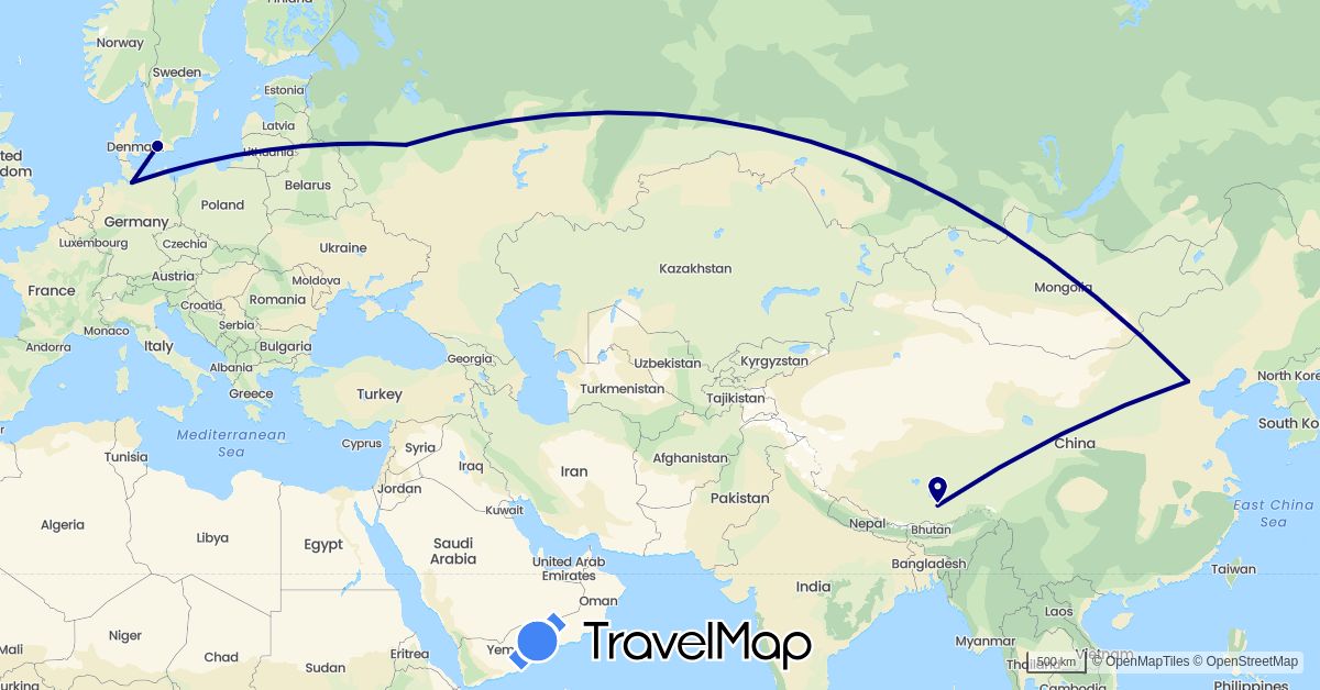 TravelMap itinerary: driving in China, Germany, Denmark, Russia (Asia, Europe)
